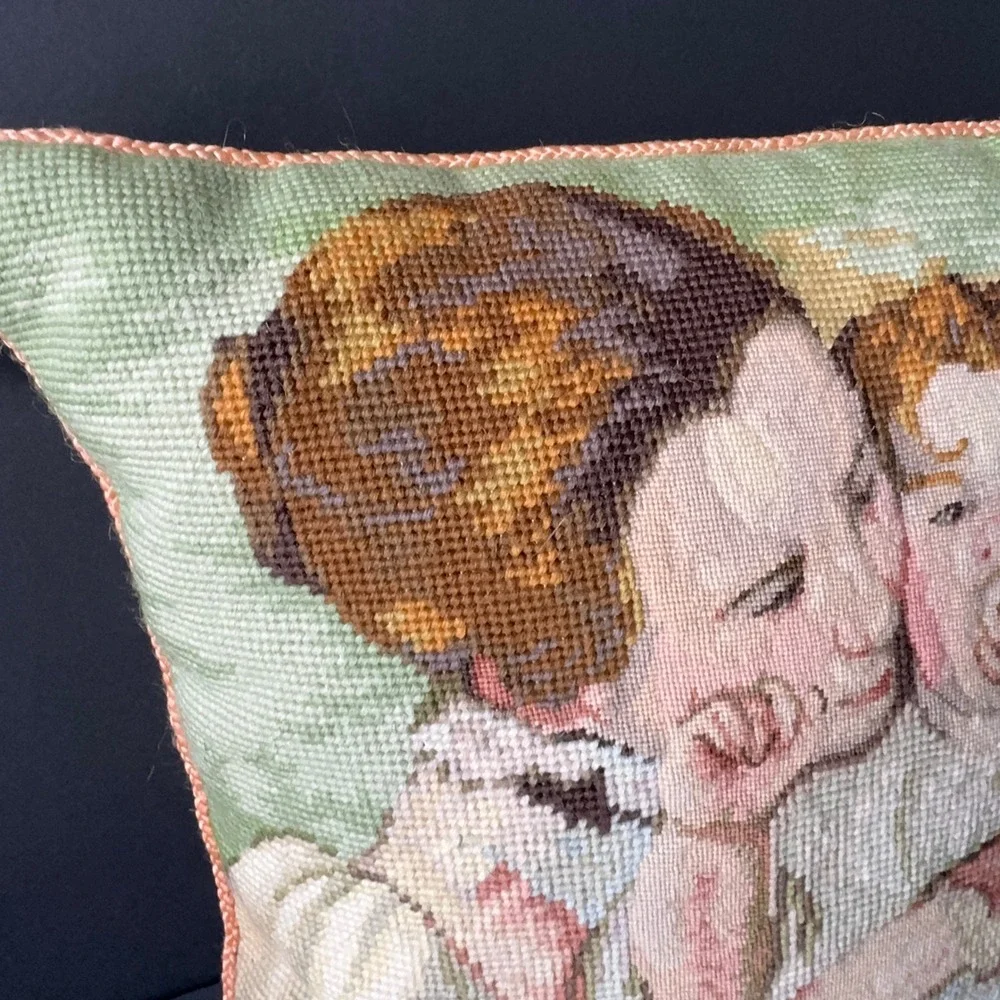 Catherine Diddel Needlepoint Pillow 16x16 Peach Velvet Mother Child Vintage